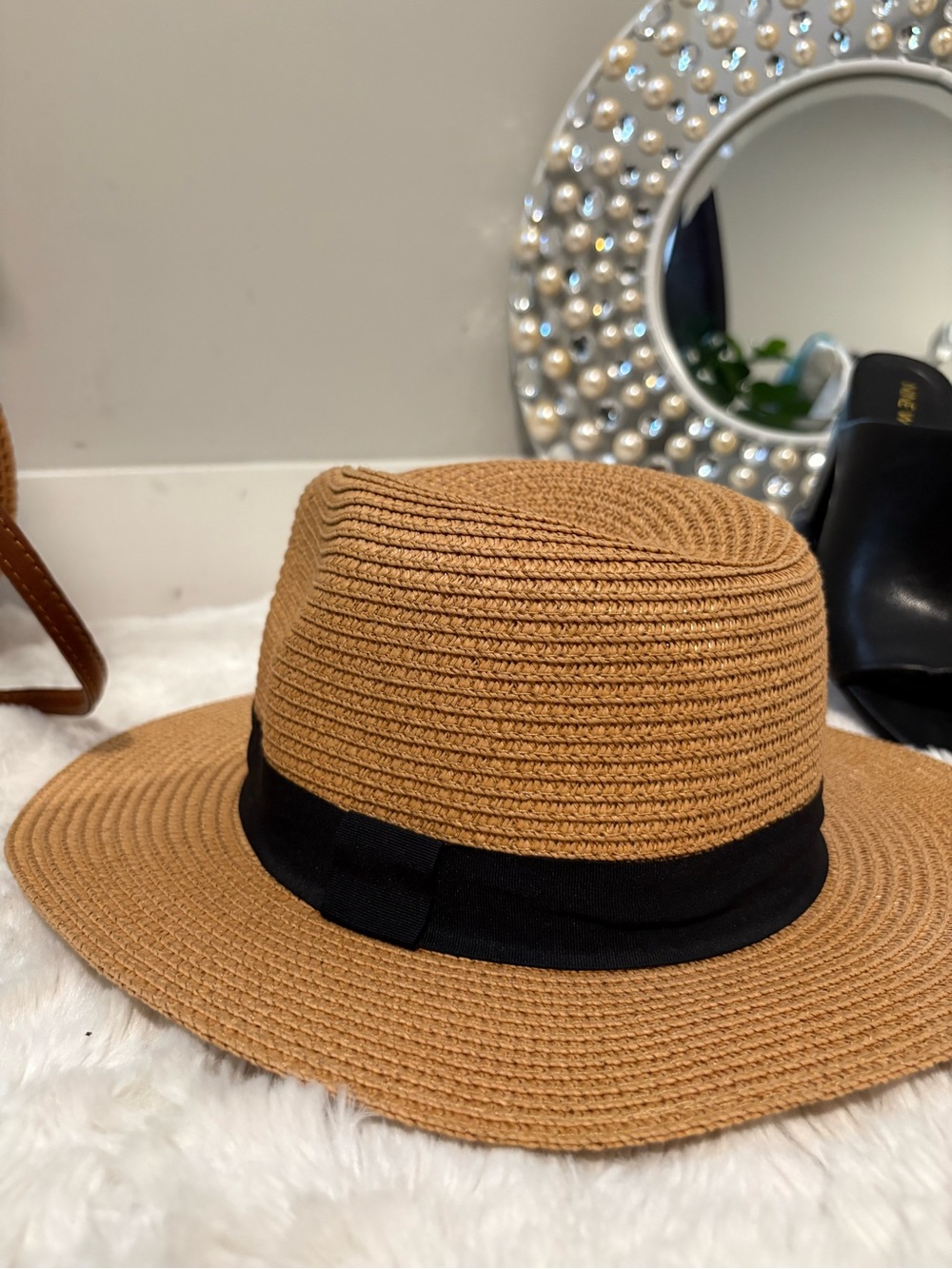 Straw Panama-Style Hat | One Size | Camel with Black Ribbon - Picture 4 of 5
